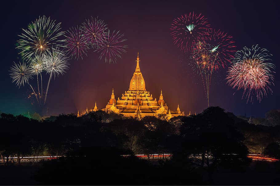 Fireworks in Asia, various, place of worship, architecture, arts culture and entertainment HD wallpaper