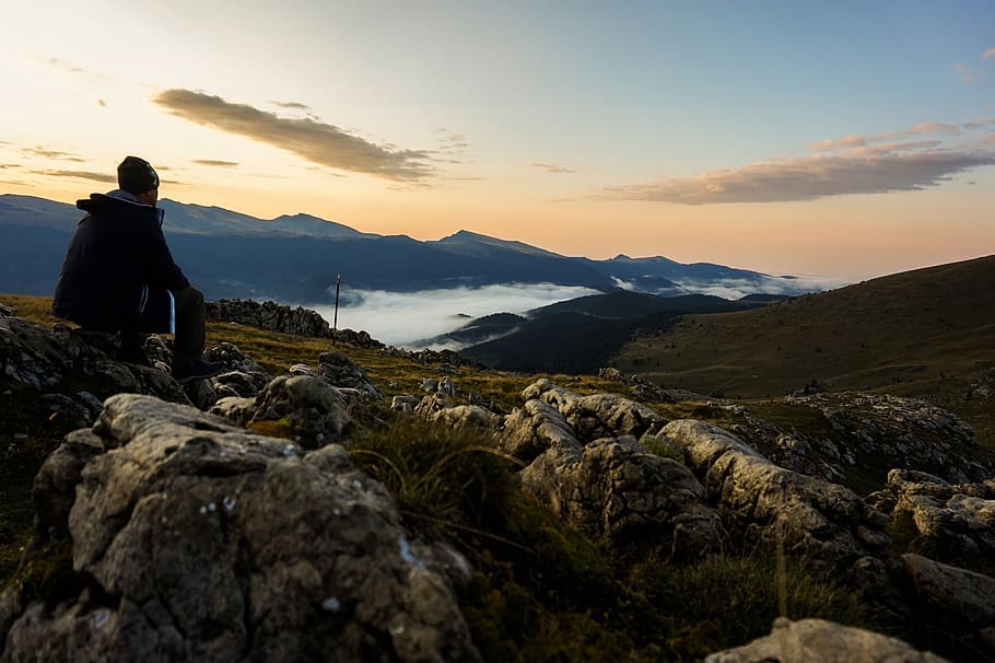 Person in Black Hoodie Sitting on Gray Stone, adventure, climb HD wallpaper