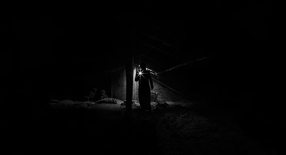 people, man, alone, attic, roof, dark, dirty, dust, old, black and white HD wallpaper