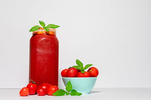 red tomato with jar, plant, food, fruit, ketchup, cherry, vegetable HD wallpaper