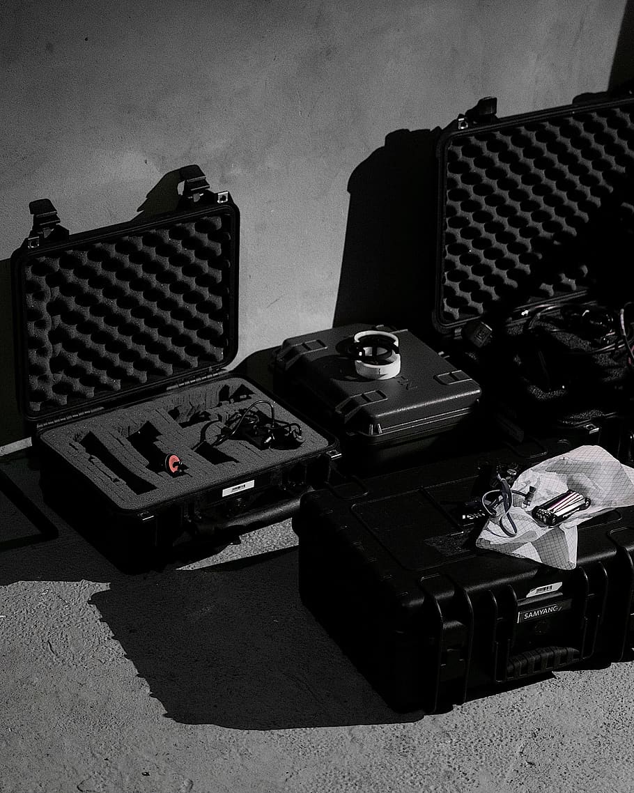 black hard cases, camera, electronics, adapter, video camera