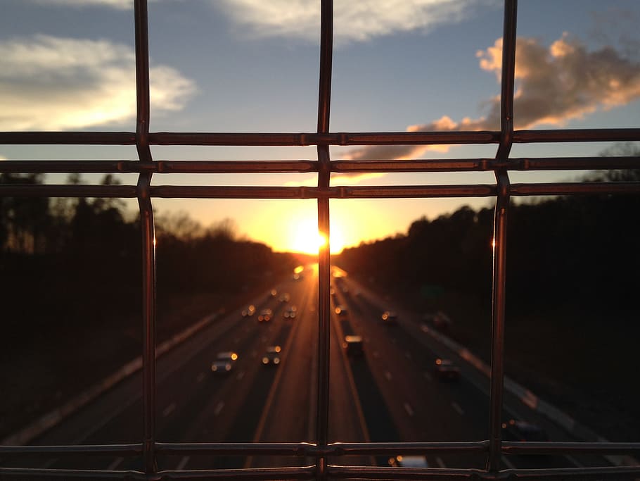 sky, clouds, sun, sunset, cars, highway, road, view, transportation HD wallpaper