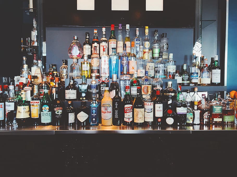 Liquor Bottles on Shelf, alcohol, bar, beer, beverage, champagne, HD wallpaper