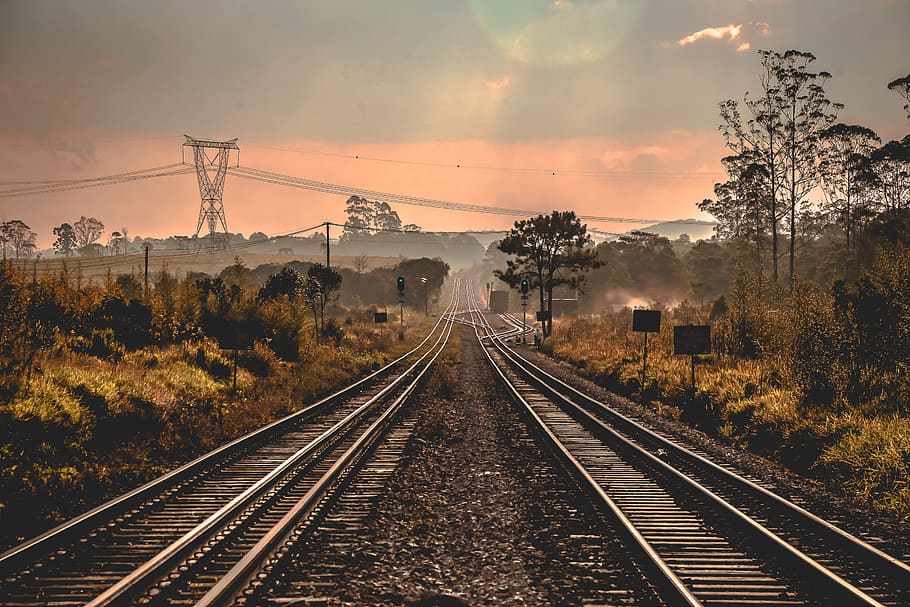 railways beside trees, track, sky, transportation, railroad track HD wallpaper