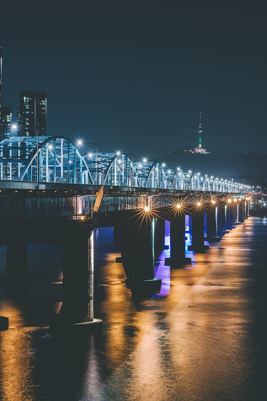 lighted bridge at night time, illuminated, architecture, built structure HD wallpaper