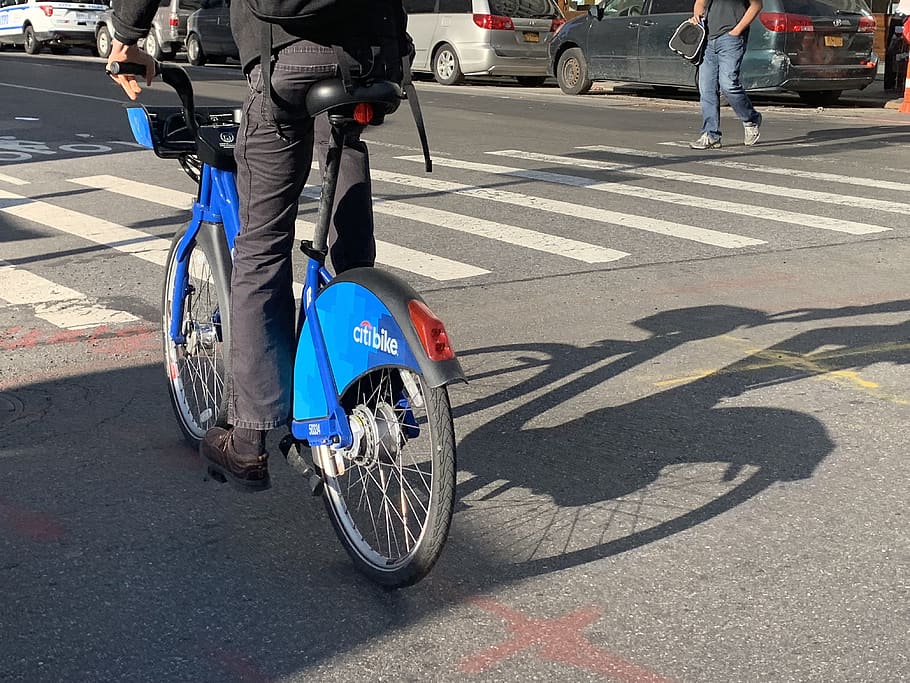 man riding blue bicycle, wheel, machine, asphalt, tarmac, transportation HD wallpaper