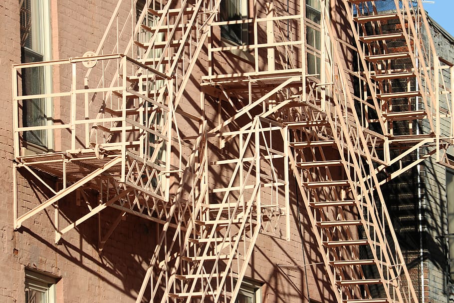 fire, escape, skyscraper, stairs, steel, railing, architecture HD wallpaper