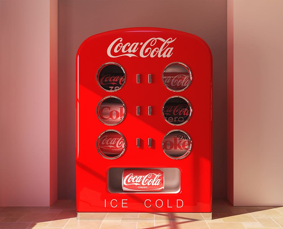 refrigerator, red, soda, drink, coke, cold, text, technology, HD wallpaper