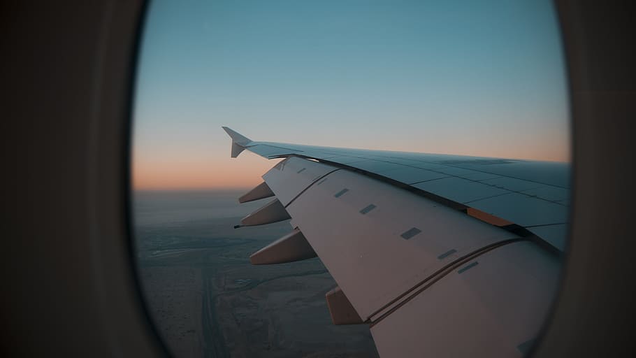 HD wallpaper: passenger plane window, airplane, flying, sunset, wing ...