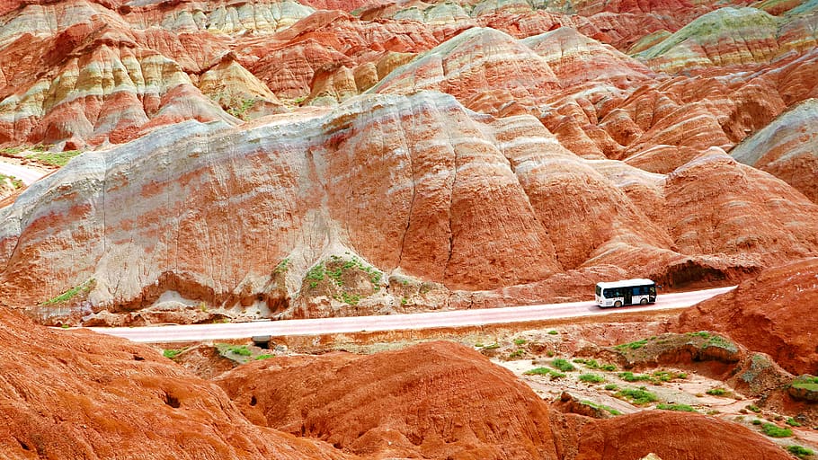 mountain, road, car, rock, rock - object, rock formation, solid HD wallpaper