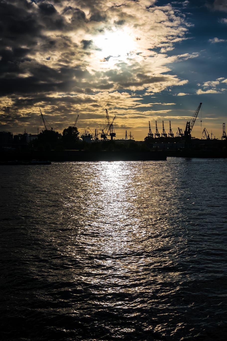 sunset, container cranes, river, harbour cranes, water, elbe HD wallpaper