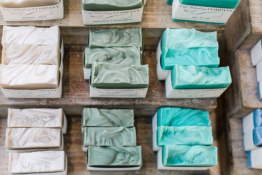assorted bar soaps, no people, green color, indoors, in a row HD wallpaper