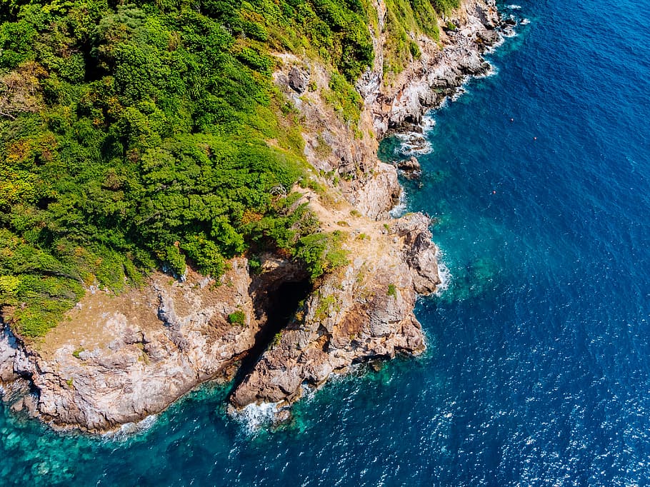 Green and Brown Island Aerial Shot, blue, cliff, coast, daylight HD wallpaper