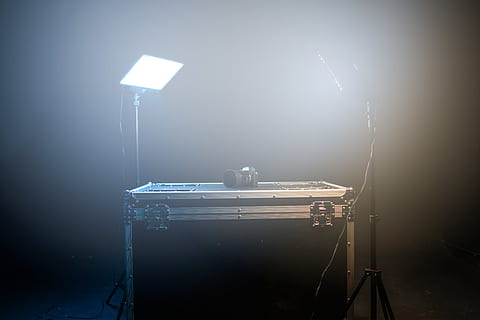 black camera on road case, lighting, tripod, spotlight, box, grey HD wallpaper