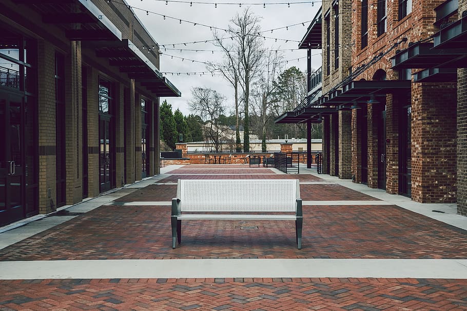 white bench between buildings, furniture, patio, porch, sugar hill HD wallpaper