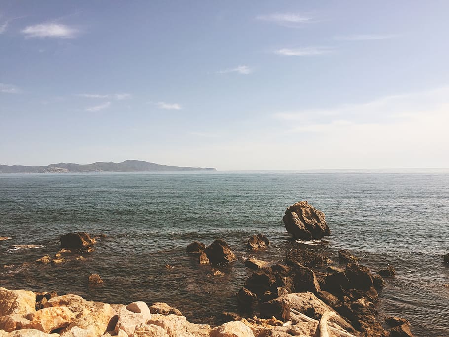 sea, ocean, water, wave, nature, rocks, coast, horizon, blue HD wallpaper