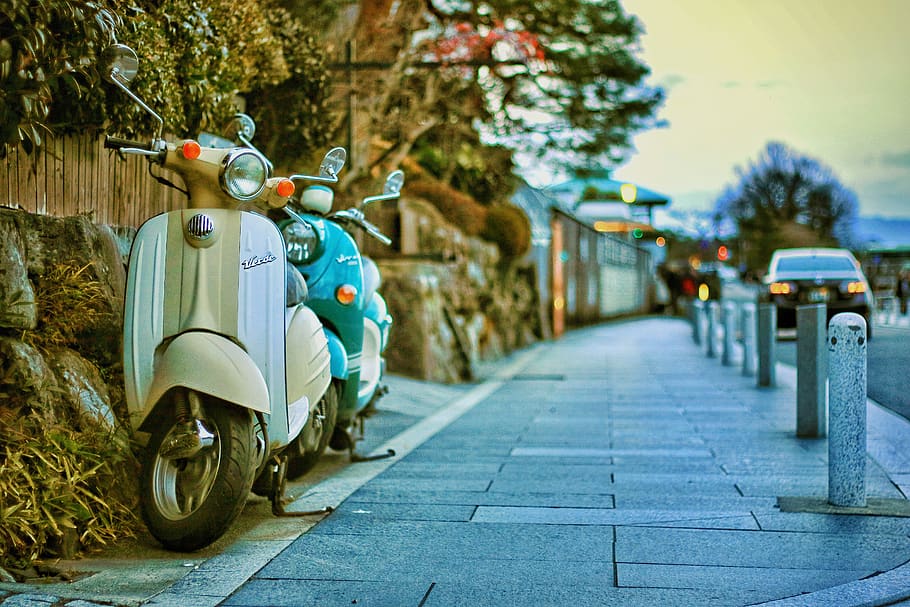 Two Beige and Teal Motor Scooters on Street, car, city, classic