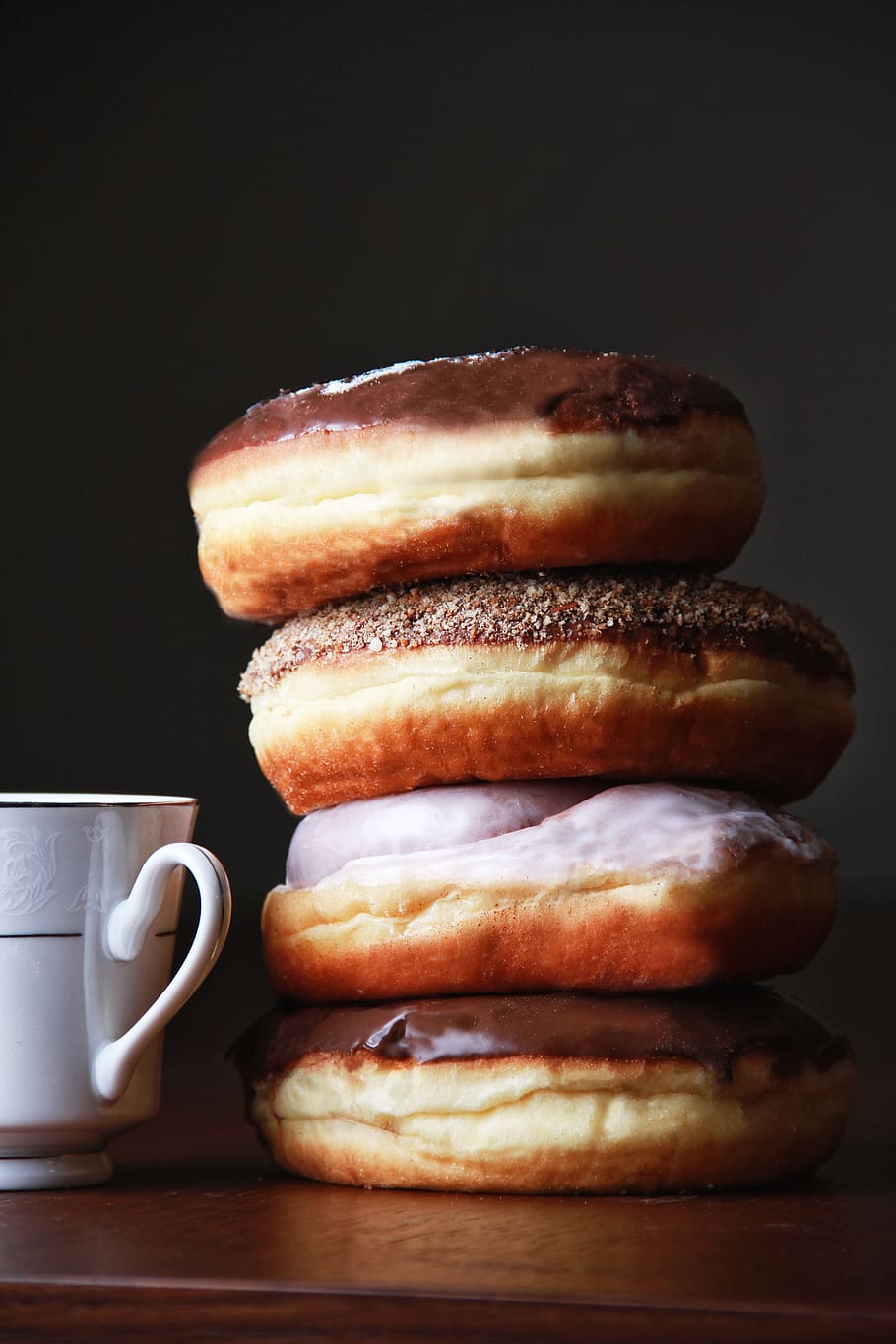 donuts, chocolate, coffee, sweet, food, dessert, doughnut, stack HD wallpaper
