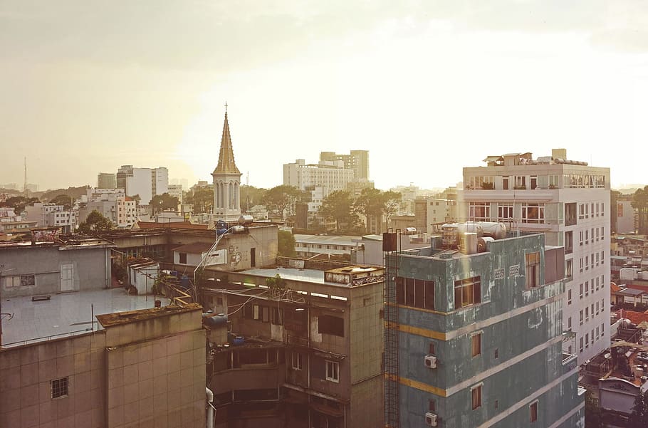 sky, city, buildings, rooftops, cross, church, town, windows HD wallpaper
