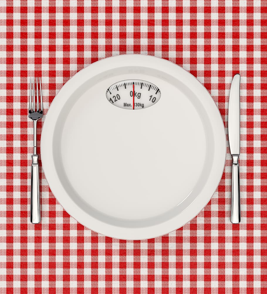 diet, plate, food, fork, knife, eating, empty, scales, weight