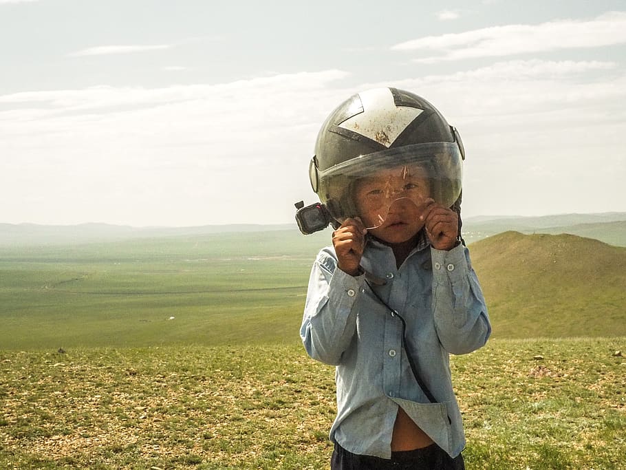 mongolia, ulaanbaatar, kid, biker, helmet, nature, plains, ulaanbataar HD wallpaper