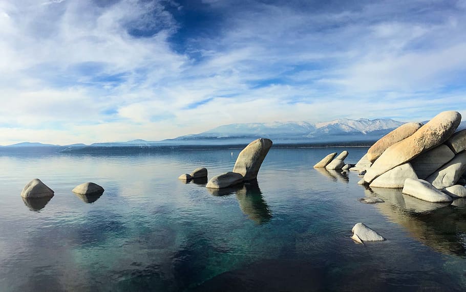gray stone lot, water, rocks, nature, lake tahoe, mountain, mountains HD wallpaper