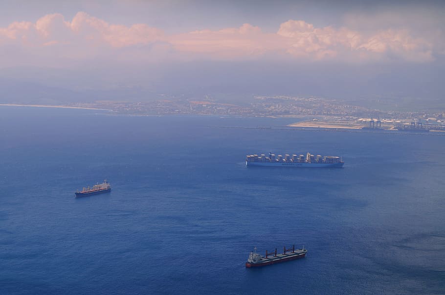 Aerial Shot of Ship on Body of Water, bay, beach, cargo, clouds HD wallpaper