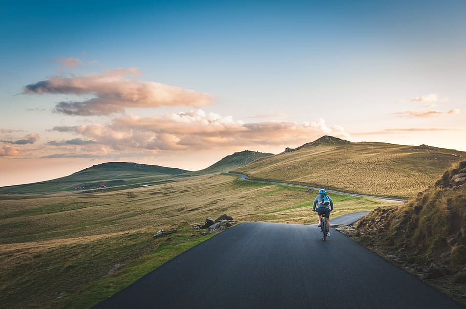 cropland, cyclist, grass, grassland, hills, landscape, mountain HD wallpaper