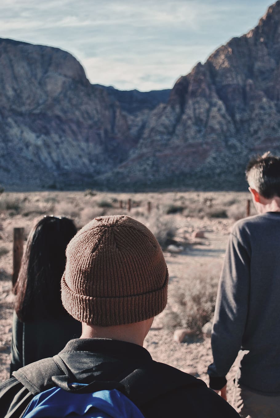 three persons standing near mountain, apparel, clothing, human HD wallpaper