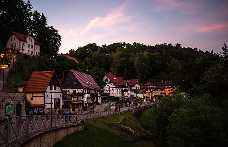 germany, rathen, mountain, evening, sunset, town, village, sunrise HD wallpaper
