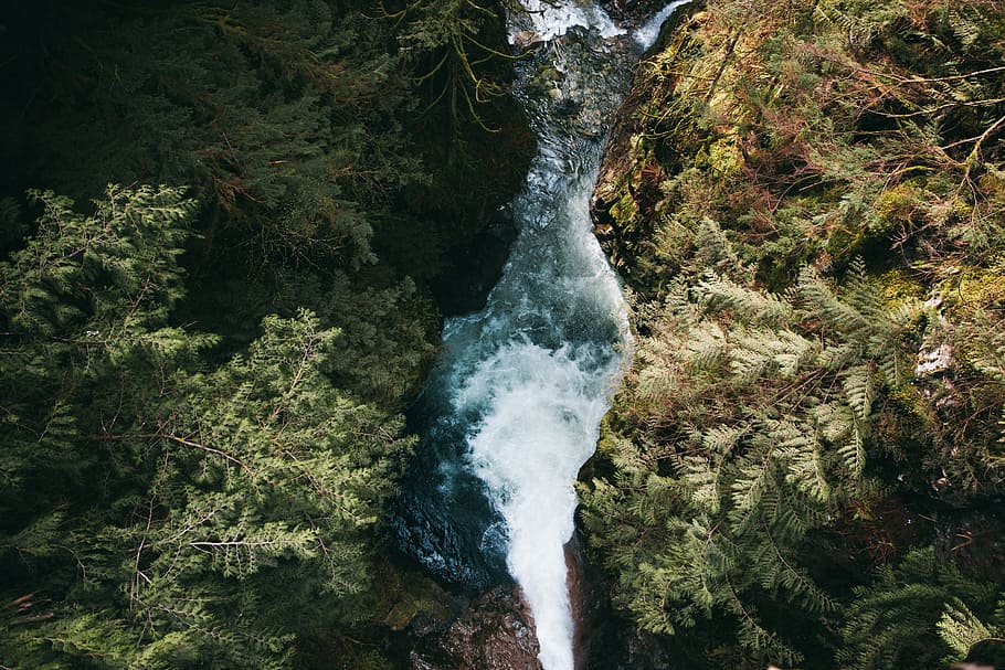 A waterfall from hills Surrounded by plants, cloud, cold, flowing HD wallpaper