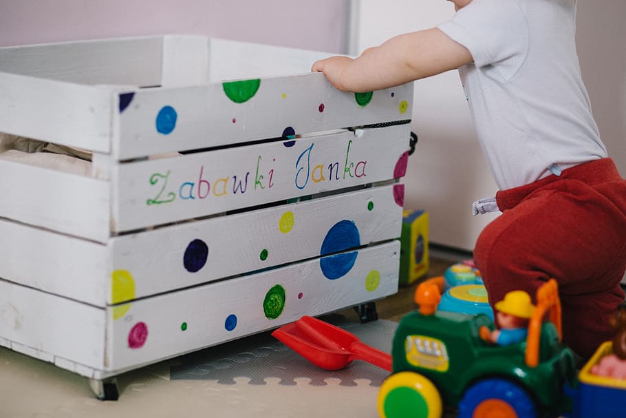 Toddler in Front of Wooden Storage, baby, child, container, crib HD wallpaper