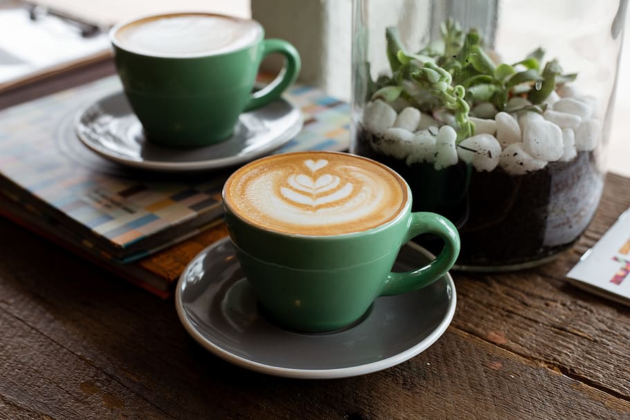 green ceramic cappuccino cup, food and drink, coffee - drink HD wallpaper