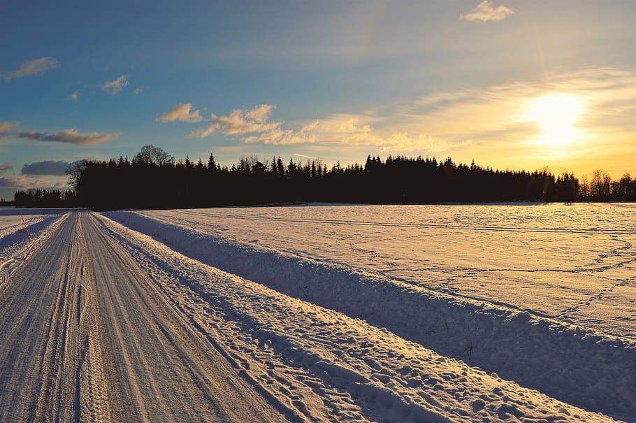 Snow Covered Road during Golden Hour, clouds, cold, daylight HD wallpaper