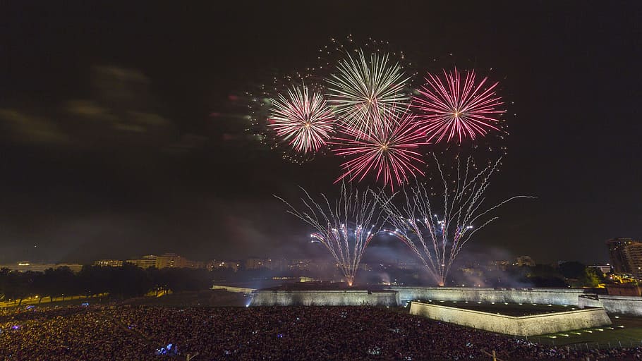firework during night time, fireworks, building, person, audience HD wallpaper
