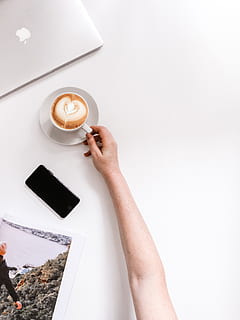 black iPhone 7 beside cup, person, human, coffee cup, finger HD wallpaper