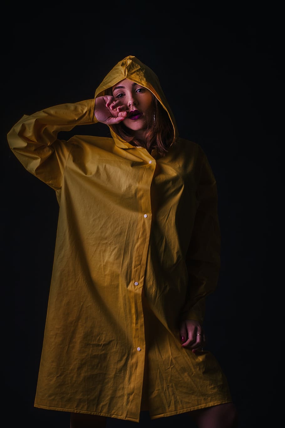 Woman Wearing Yellow Raincoat, beautiful, beauty, costume, dark, HD wallpaper