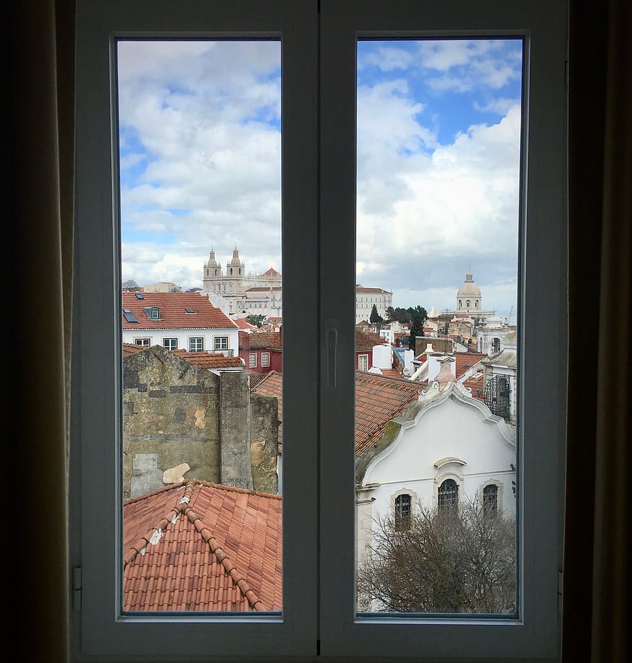window, roof, lisbon, architecture, building, view from a window HD wallpaper