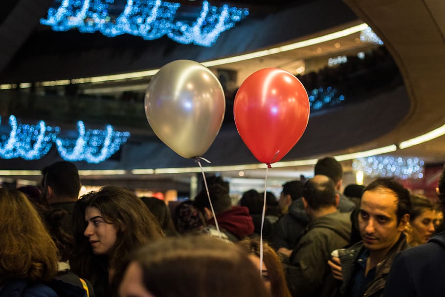 gray and red balloons, human, person, indoors, interior design HD wallpaper