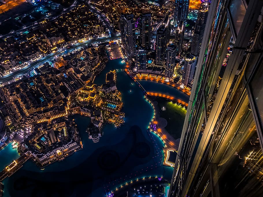 bird's-eye view photography of city during nighttime, light, drone, HD wallpaper