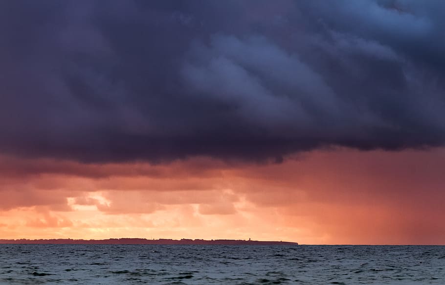 gray nimbus clouds above sea, storm, coast, island, orange, cloudscape HD wallpaper