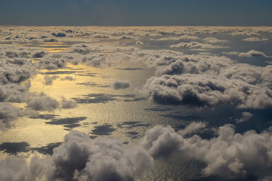 airplane view, clouds, sea, reflections, mirroring, sky, sunset HD wallpaper
