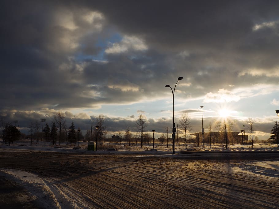 snow covered intersection road, light, flare, sunlight, nature HD wallpaper
