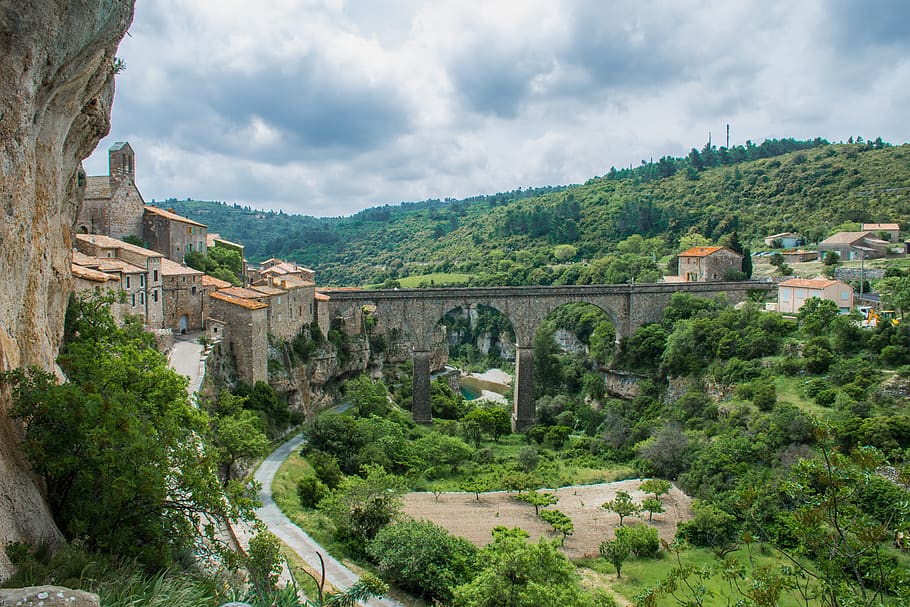 france, minerve, green, mountain, town, landscape, rural, cathars, HD wallpaper