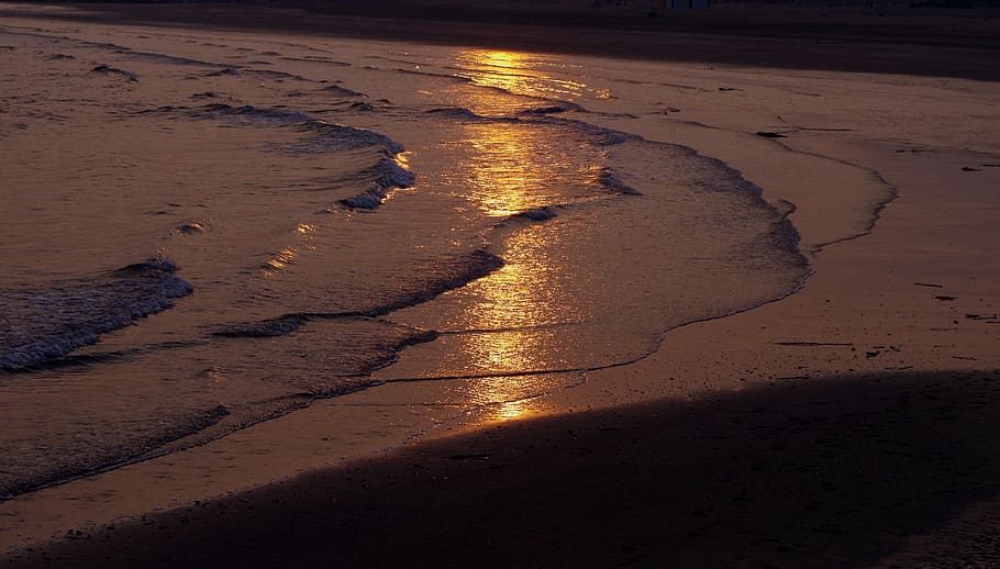 beach, wave, water, coast, sand, dusk, land, sea, sunset, nature HD wallpaper