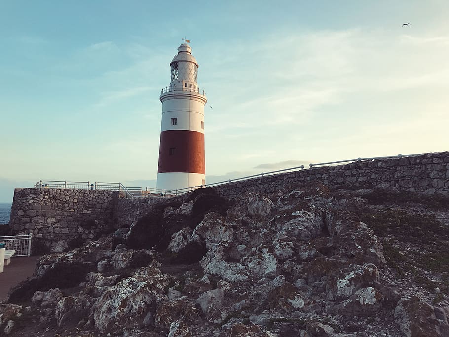 gibraltar, europa point, sea, lighthouse, mountain, rocks, europe, HD wallpaper