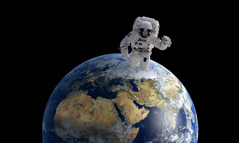 land, planet, cosmos, space, astronaut, astronomy, globe, black background HD wallpaper