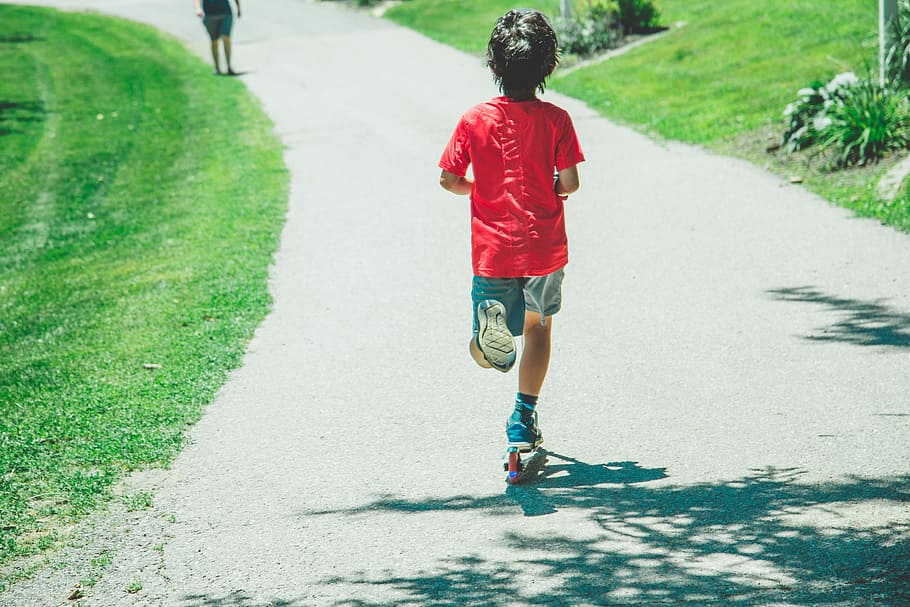 Boy Riding Scooter on Street, action, active, activity, child HD wallpaper