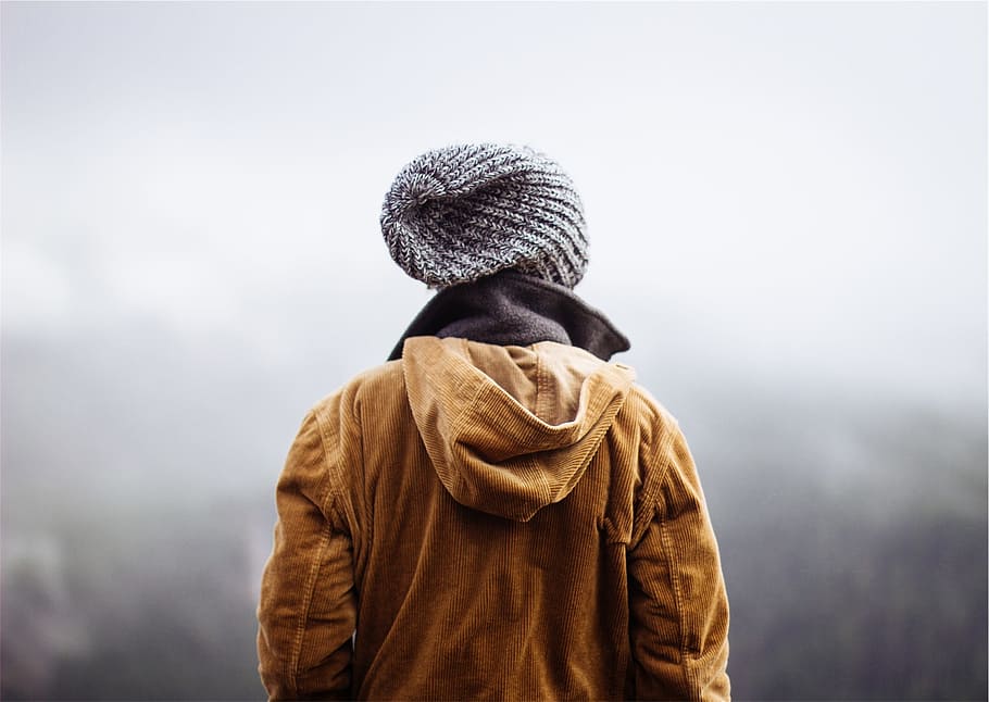 people, hat, toque, jacket, clothing, rear view, waist up, fog HD wallpaper
