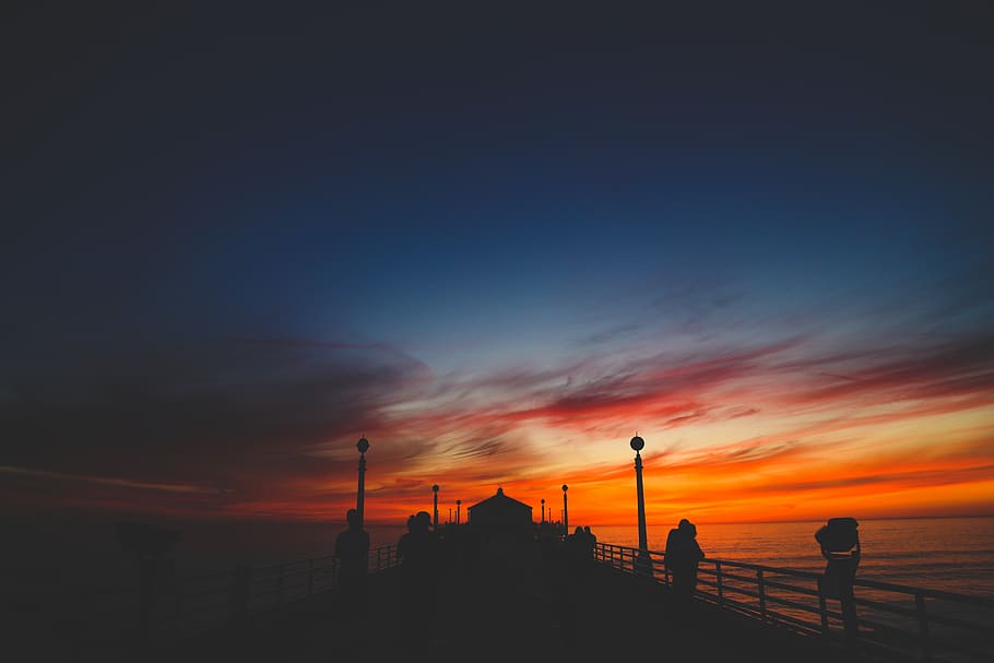 bridge, people, sky, clouds, sea, ocean, dark, nature, silhouette HD wallpaper
